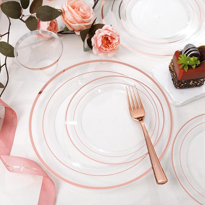 bUCLA 600PCS Clear Rose Gold Plastic Dinnerware Set Disposable - Include 100 Dinner Plates, 100 Dessert Plates, 100 Knives, 100 Forks, 100 Spoons, 100 Cups for Party & Wedding
