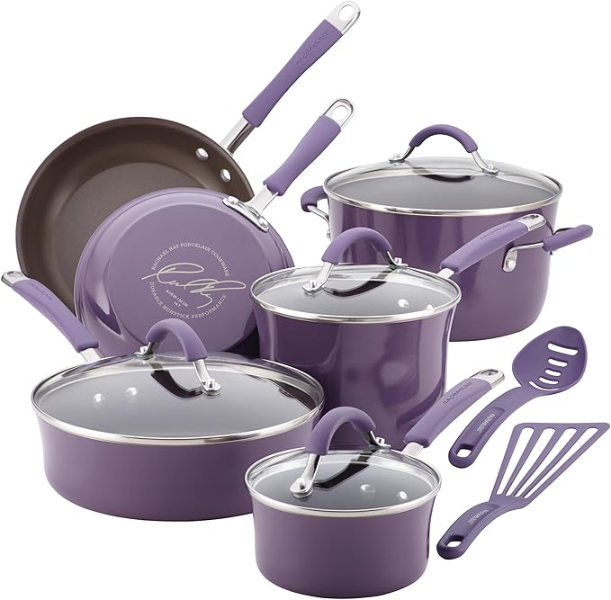 Rachael Ray Cucina Nonstick Cookware, Lavender Purple Pots and Pans Set, 12-Piece