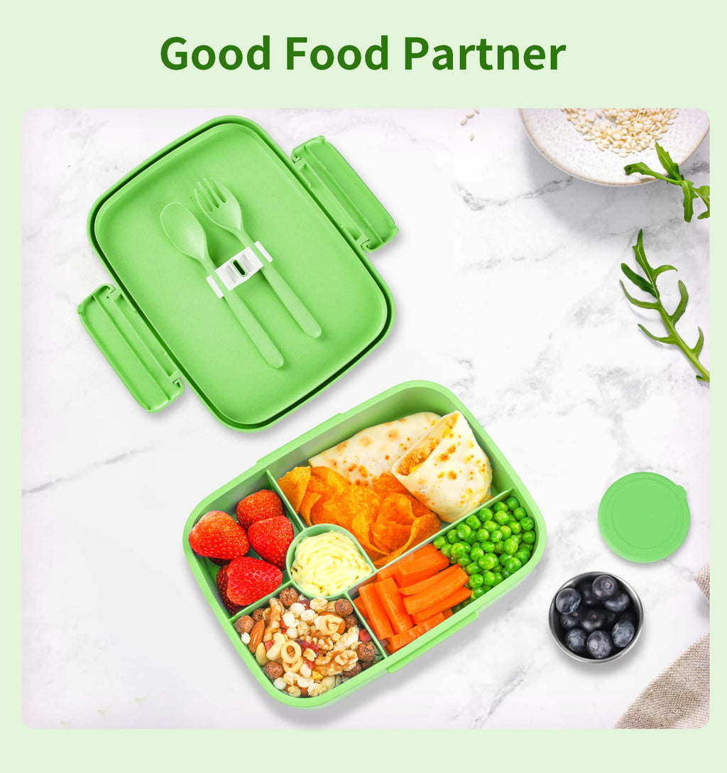 ANDMOON Bento Lunch Box with Kids/Adults, 5 Compartments Leakproof Lunch Container with Dressing Cup, Eco-Friendly Double Insulated Boxes, Dishwasher and Microwave Safe, BPA-Free (green)