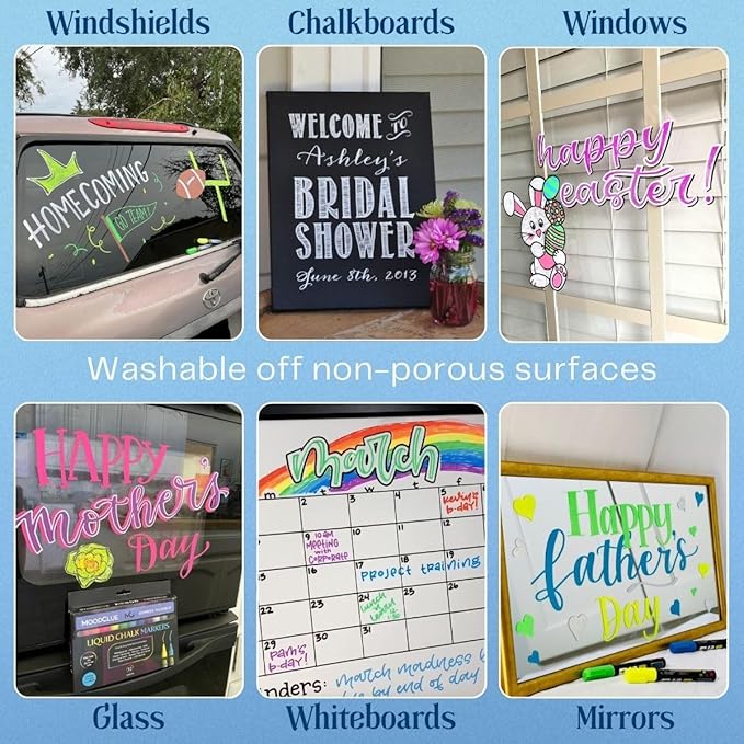 MoodClue Liquid chalk markers washable, erasable, dry or wet erase. 6 neon markers for whiteboards, glass boards, mirrors, chalkboards, windows, car windshields, glass. Non-toxic, reverse tip pens