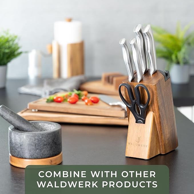 WALDWERK Knife Set - 7pcs Kitchen Knife Set with Block and Integrated Sharpener - Kitchen Knife Set - Knife Block Set - Kitchen Knifes - Knives Set for Kitchen - Knife Block - Knife Set with Block