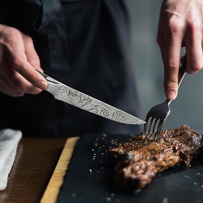 SENKEN Professional 6-Piece Steak Knife Set with Beautiful Engraved Pattern - Wasabi Collection - Razor Sharp Serrated High Carbon Steel & Emerald Green Resin Handle (6 Piece Steak Knife Set)