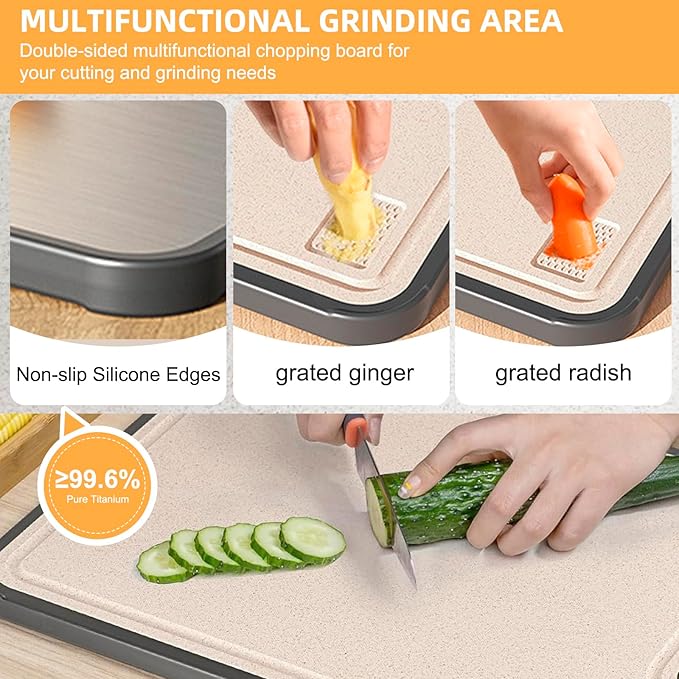 Pracfit Titanium Cutting Board for Kitchen 15.1"x10.4" - Double Sided Pure Titanium& Wheat Straw for Meat & Kitchen, FoodGrade, 2in1, Anti Slip, Juice Groove, Stain Resistant, Easy to Clean