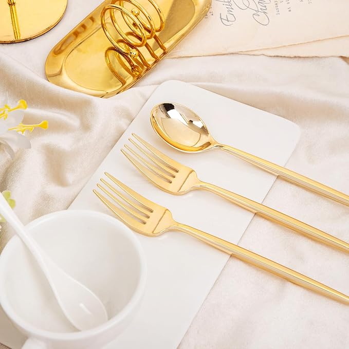 SUT 100PCS Gold Plastic Forks and Spoons Heavy Duty Set, 100 Count, Gold Disposable Flatware, 50 Forks, 50 Spoons for Party