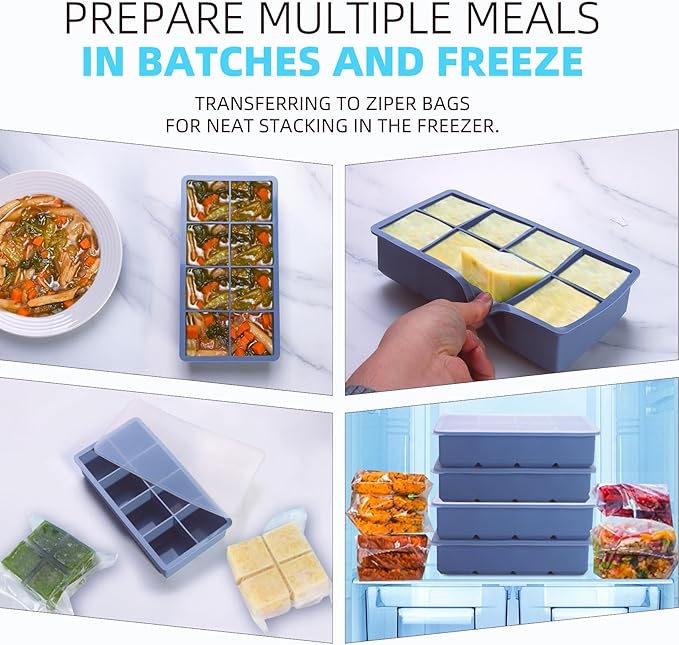 1/2 Cup Silicone Freezer Tray With Lid - Silicone Freezer Molds 4-Pack For meal prep & freezing of various sauces and other dishes, makes 32 perfect 1/2 cup portions cube (Blue 4 Pack)