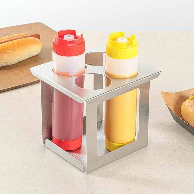 Restaurantware Squeeze Bottle Holder 1 Count 6.30 x 7.01 x 6.26 Inches Stainless Steel Condiment Organizer - Four-Hole Durable Kitchen Rack - Silver Prep Station Organizer