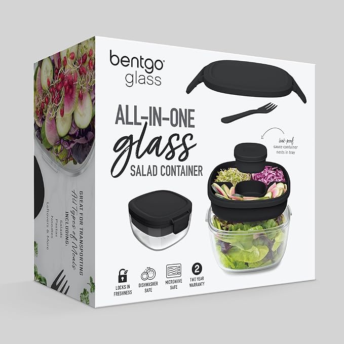 Bentgo Glass Salad Container - 7.6-Cup Salad Bowl with Airtight Lid, Leak-Proof Sauce Container, 4-Compartment Bento Tray & Reusable Fork - BPA-Free for Meal Prep, Office & More (Black Onyx)