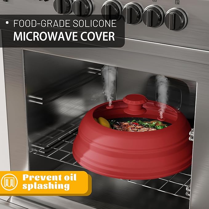 Microwave Splatter Cover, Vented Silicone & Glass Anti-Splatter Lid with Handle, Collapsible Food Plate Cover Fits 6–11 Inch Plates and Bowls (Red, 10.8inch)