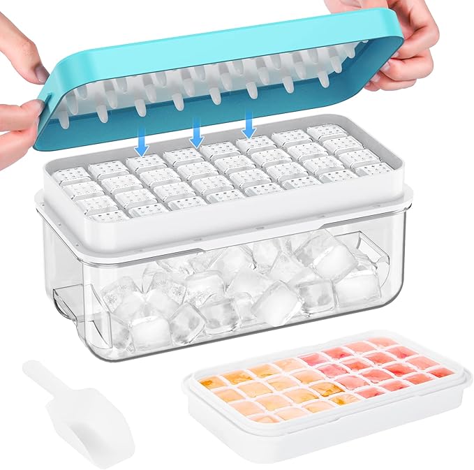 PHINOX Ice Cube Tray with Lid and Bin, Easy Release 28 Cubes for Freezer