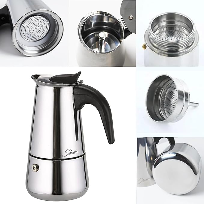 Solazzia Espresso Maker 6 Cup Moka Pot Stainless Steel Percolator coffee pot, Compatible with Gas, Electric, Ceramic, and Induction stovetops(10 fl oz/300 ml)