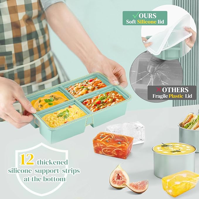 BIONMAPLE 2 PACK 1 Cup Silicone Freezer Trays With Lid For Freeze & Store Soup, Broth, Leftovers, Microwave-safe Soup Freezer Container - Green