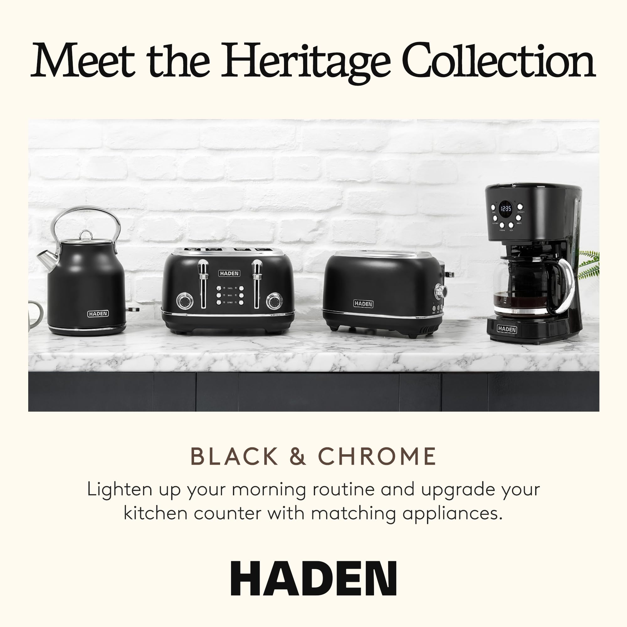 HADEN Heritage 4 Slice Wide Slot Stainless Steel Toaster Bundled with 12 Cup Programmable Drip Coffee Maker Coffee Machine, Black & Chrome