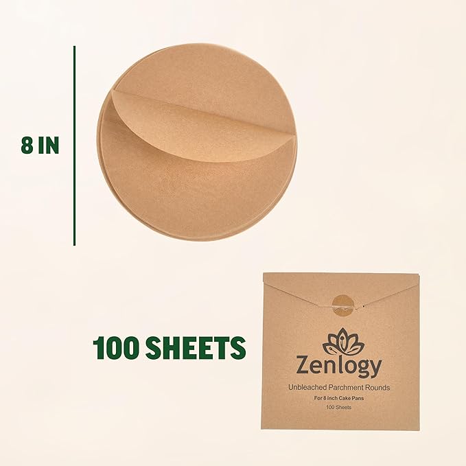 Zenlogy 8-Inch Parchment Paper Rounds, 100 Sheets, Unbleached, Pre-Cut