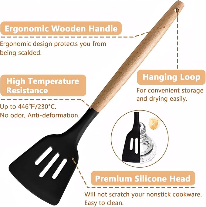 IOCBYHZ Silicone Cooking Utensils Set of 5, Heat Resistant Silicone Kitchen Utensils Set with Wooden Handle, BPA Free Spatula Spoon Turner Ladle Cooking Kitchen Gadgets for Nonstick Cookware & Baking