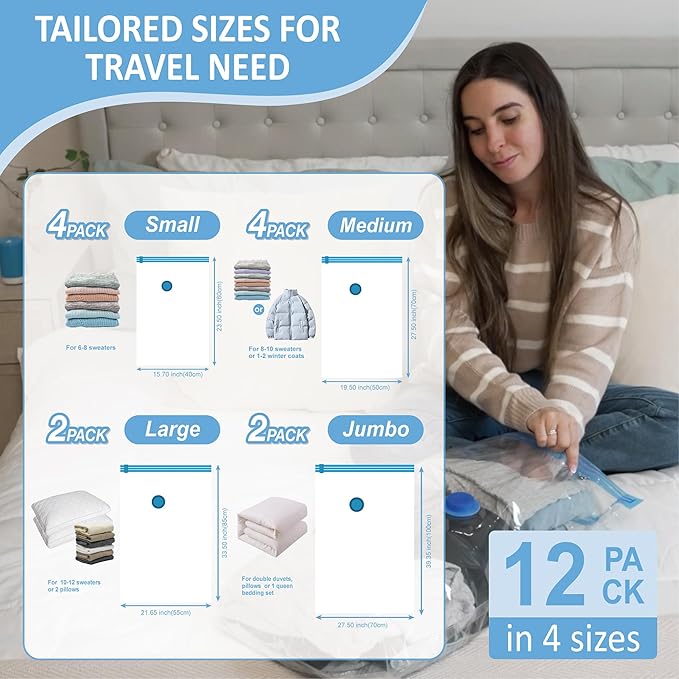 Cozy Essential Travel Vacuum Storage Bags with Rechargeable Cordless USB Pump, Space Saver Bags for Luggage, Suitcase, Carry-On, for Clothes, Blankets, Bedding & Seasonal Storage,12 Combo