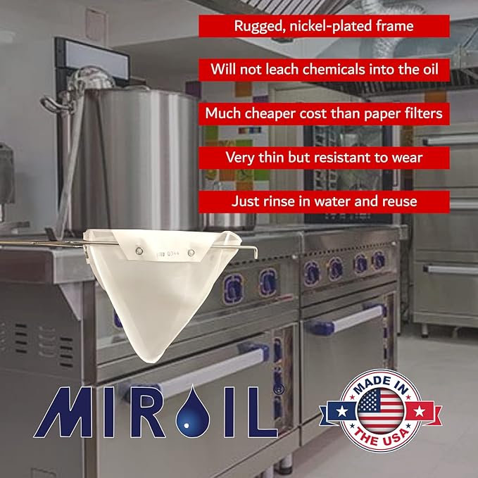MirOil CONE2B Fryer Filter Bag & Frame Combo Set – Durable Reusable Strainer Bag and Metal Support Frame for Commercial Kitchen Use - Compatible with MirOil Blue Oil Caddy - Model #30L