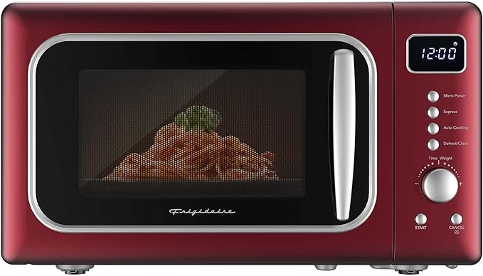 Frigidaire, 0.7 Cu. Ft. Retro Countertop Microwave Oven, 700W Compact Microwave with 8 Auto Cook Menus, Auto Defrost, 5 Power Levels, LED Display, Glass Turntable, Red-Silver
