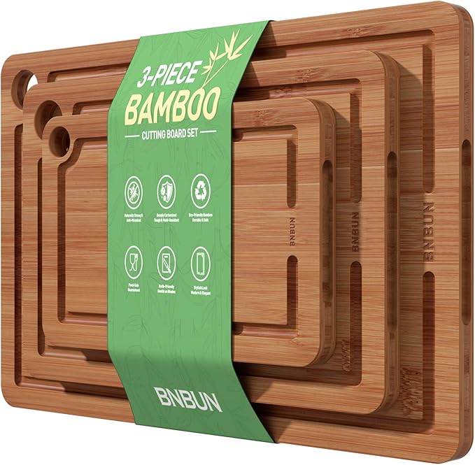 Bamboo Cutting Board for Kitchen, 3-Piece Set with Juice Grooves, Side Handles & Non-Slip Mats – Durable Bamboo Chopping Board for Meat, Vegetables and Fruits