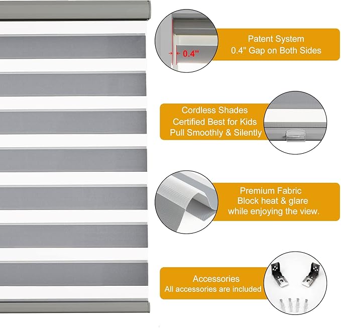 Persilux Zebra Blinds for Windows, Cordless Roller Blinds (34.5" W x 72" H, Grey) Light Filtering Sheer Window Treatments, Light Control for Day and Night, Room Darkening Roller Shades for Windows