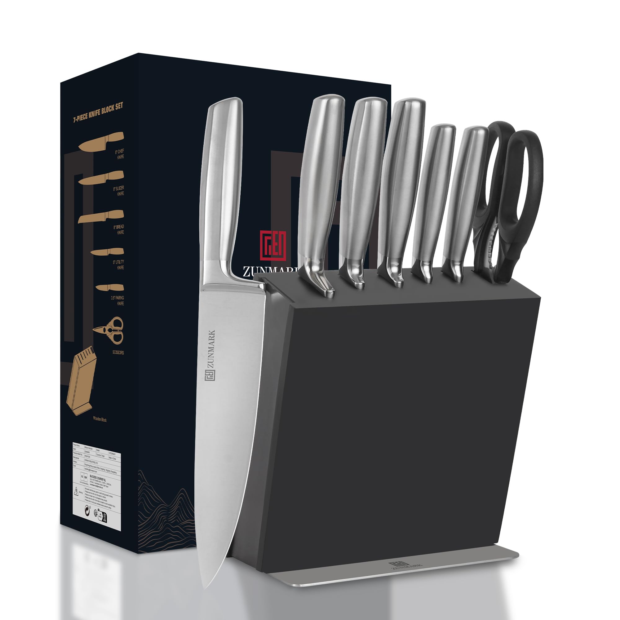 ZUNMARK Magnetic Knife Block Set, 7pcs Ultra Sharp Knife Set with Shears, Space-Saving Design for Home and Professional Kitchens, Silver