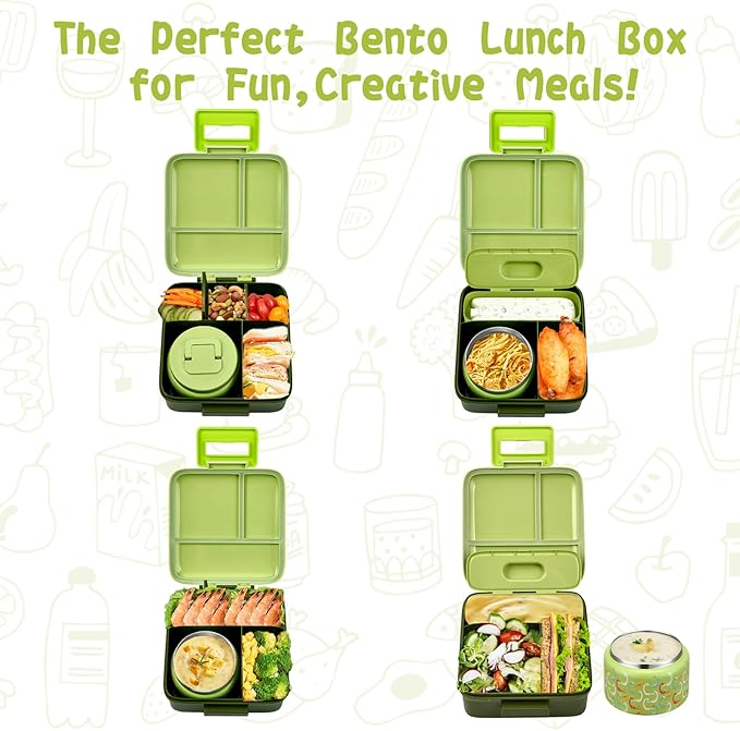 JXXM Bento Lunch Box for Kids with 8oz Soup Thermo,Leak-Proof Lunch Containers with 5 Compartment,Thermo Food Jar Food Containers for School (Green-Colorful Dinosaur)