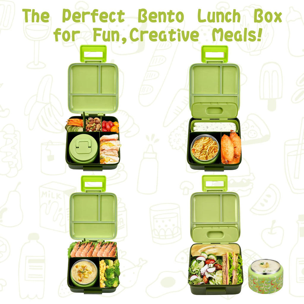 JXXM Bento Lunch Box for Kids with 8oz Soup Thermo,Leak-Proof Lunch Containers with 5 Compartment,Thermo Food Jar Food Containers for School (Green-Colorful Dinosaur)