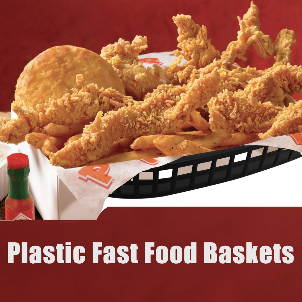 HEIHAK 30 Pack 10.5 x 7 Inch Black Plastic Fast Food Baskets, Restaurant Serving Baskets, Flat Oval Fast Food Serving Basket for Picnic, Deli Serving, Chicken, Burgers and Fries