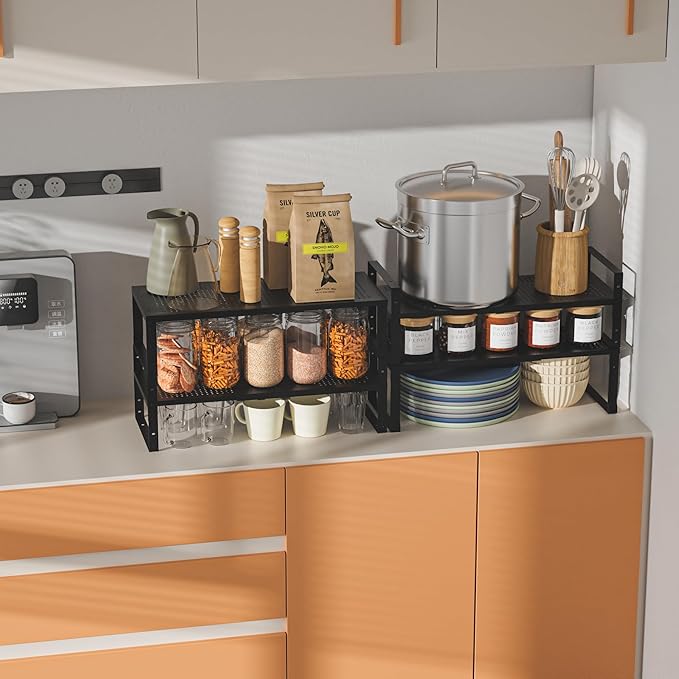 Wobmmi Expandable,Adjustable & Stackable Spice Rack, Cabinet Kitchen Countertop Shelf Organizer,Metal Pantry Storage Shelves - Space-Saving Storage Solution(2Packs/Black/Large)