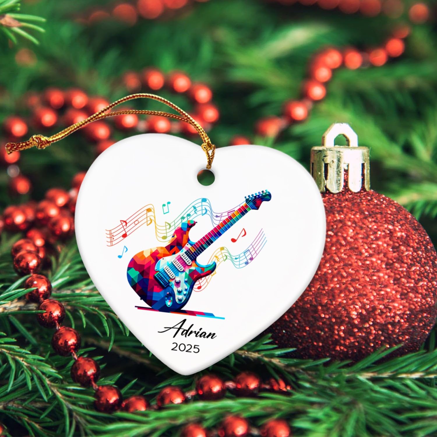 Electric Guitar Xmas Tree Ceramic Ornament 2026, Personalized Electric Guitar Lovers Ornaments Keepsake, Guitarist Ceramic Ornament Christmas, Custom Name & Year Musical Instrument Player Ornaments