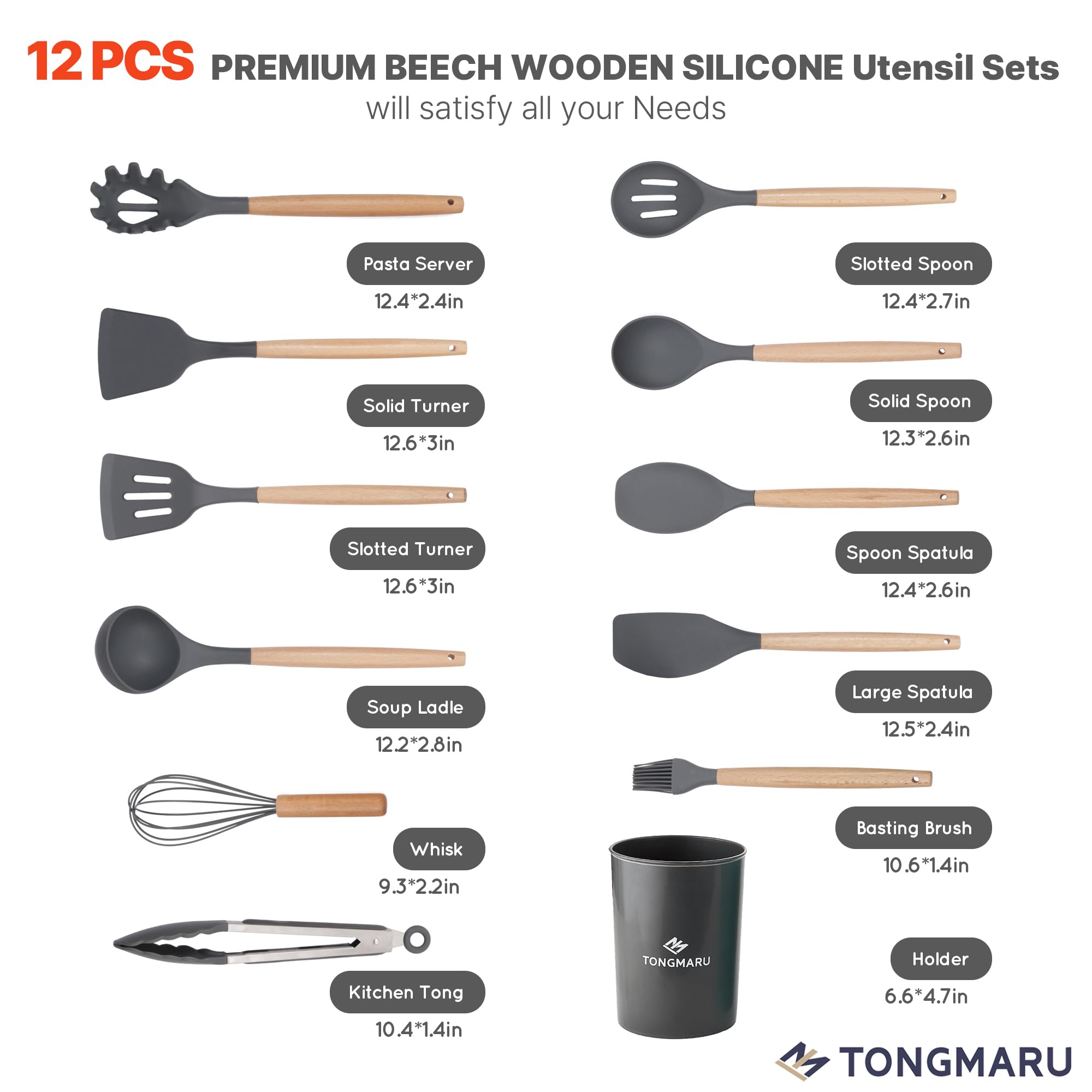 Silicone Cooking Utensils Set, Premium Beech Wood Handle Kitchen Gadgets Utensil Set, Non-Stick Kitchen Utensils Spatula, Tongs, Turner, Whisk, Brush, Spoon, BPA FREE, 446°F Resistant (Dark Gray)