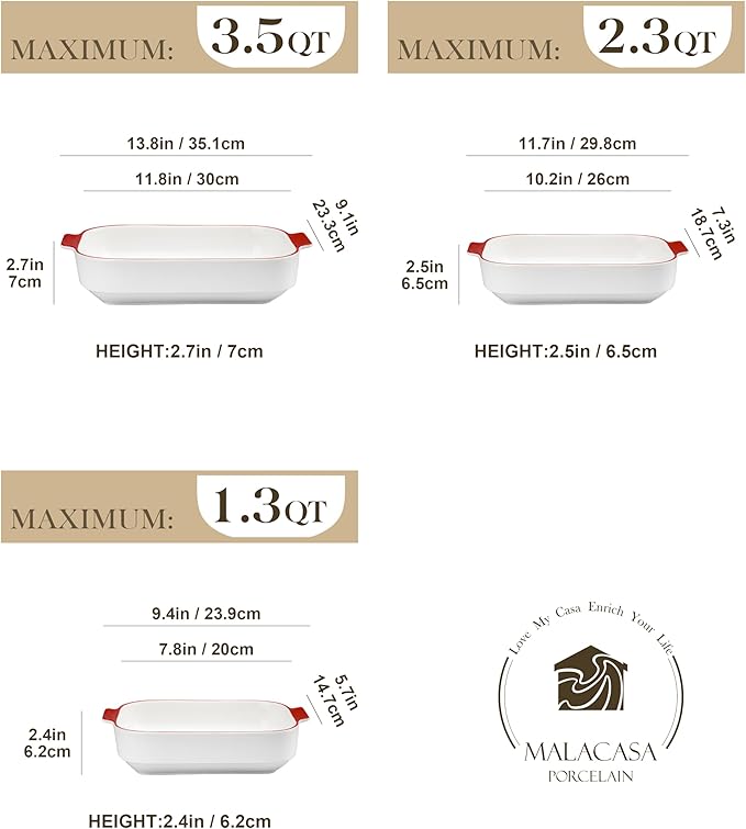 MALACASA Ceramic Casserole Dishes Set of 3, Red Trim Baking Dish for Oven