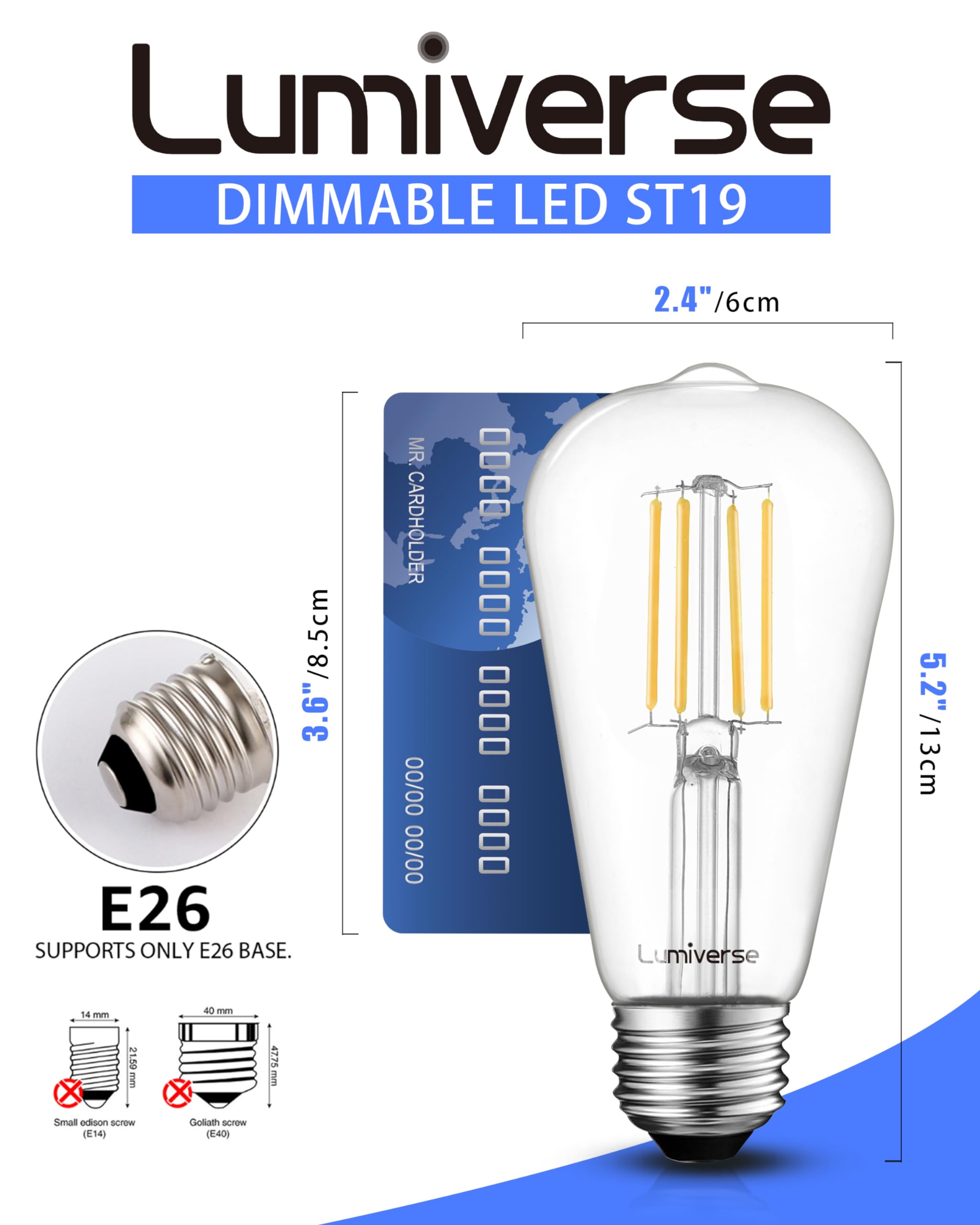ST19 Dimmable LED Edison Bulb, 5.5W (60W Equivalent) 500LM CRI 95+, 4000K Cool White, E26 Medium Base Vintage Filament, Clear Glass, Standard Type A Lamp for Kitchen, Bathroom, Bedroom, 6 Pack