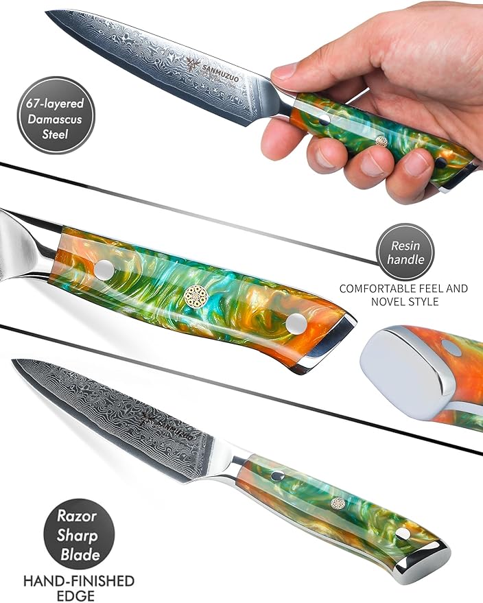 SANMUZUO 5 Inch Kitchen Utility Knife - Xuan Series Kitchen Knives - VG10 Damascus Steel with Resin Handle (Fantasy Orange)