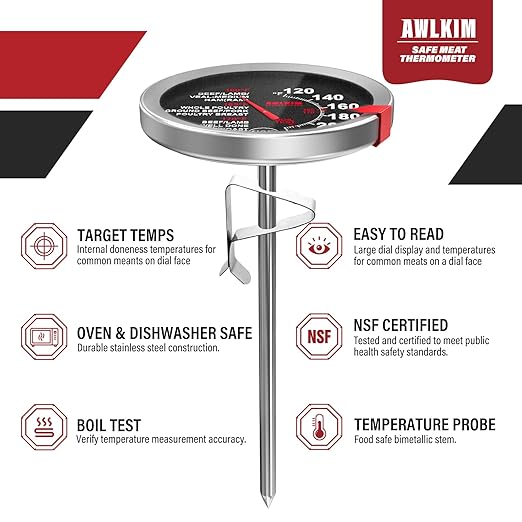 AWLKIM 2 Pack Analog Meat Thermometer Oven Safe Dial No Battery