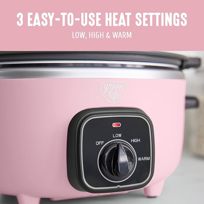GreenLife 3.5QT Ceramic Nonstick Slow Cooker, Cooktop/Oven Safe, Pink