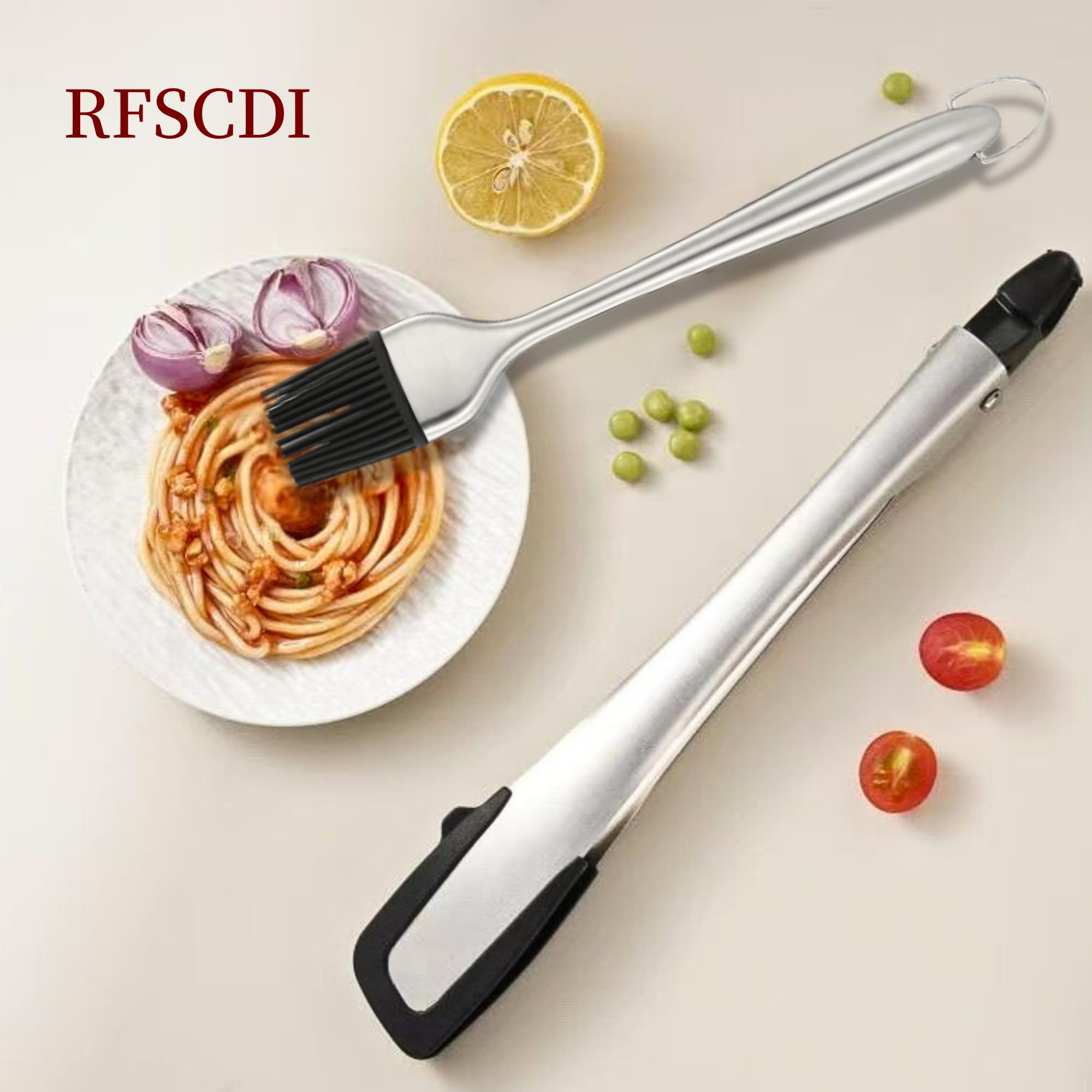 RFSCDI Heat-Resistant Kitchen Tongs and Basting Brush Set - 600℉ Stainless Steel Cooking Tongs with Metal Locking Mechanism - Ideal for Cooking, Grilling Steak, Baking Bread, and BBQ,(Silver 2Pcs)