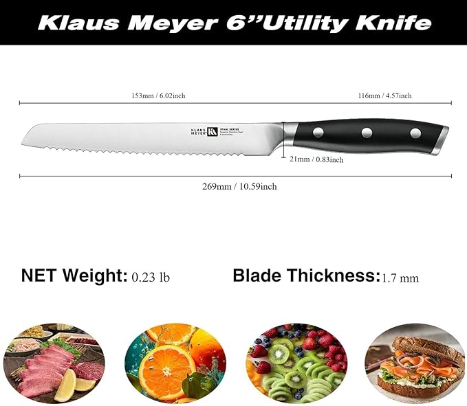 Klaus Meyer 6 Inch Serrated Utility Knife, Bread and Tomato Knife(Black)