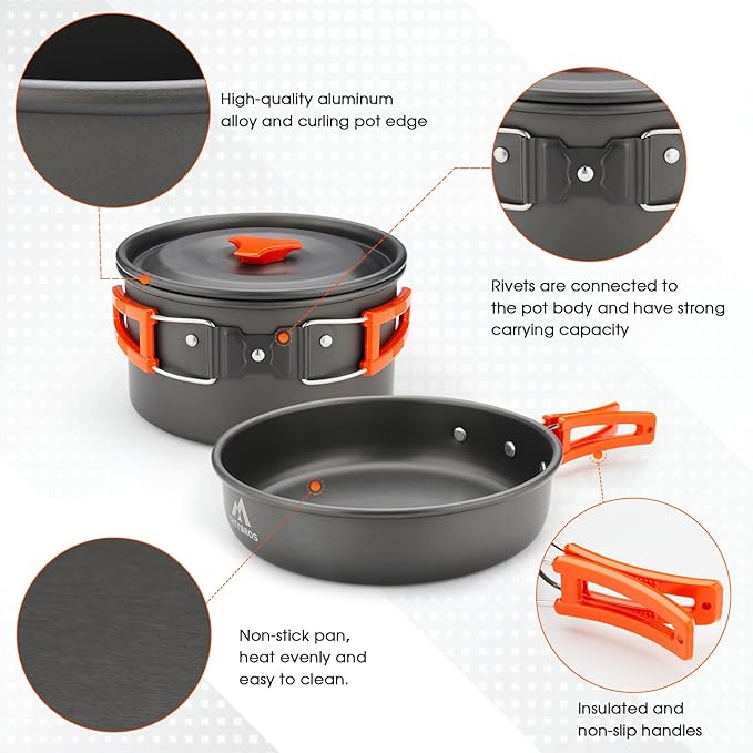 THTYBROS 17pcs Camping Cookware Kit, 0.45Gal Pot, 7inches Pan,0.30Gal Kettle Set with 2 Set Stainless Steel Cups Plates Forks Knives Spoons for Hiking,Camping,Backpacking,Outdoor Cooking and Picnic