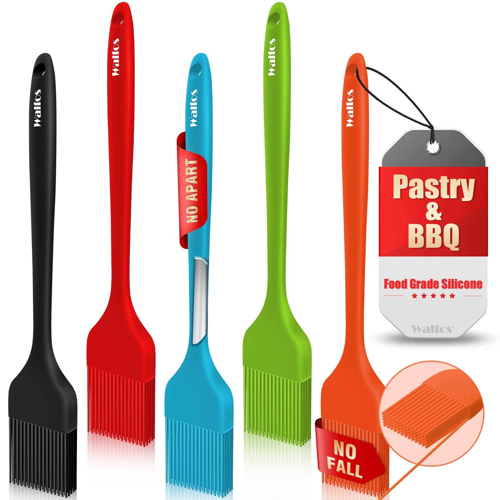 Walfos Silicone Pastry Brush, 600℉ Heat Resistasnt Basting Oil Butter Sauce Brush for Baking,BBQ Grill,Kitchen Cooking,BPA Free and Dishwasher Safe (5 Pcs)