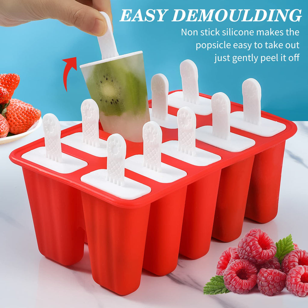 Popsicle Molds,Silicone Ice Pop Molds,BPA Free Popsicle Mold Reusable Easy Release Ice Pop Maker,Homemade Popsicle Mould with Silicone Funnel and Cleaning Brush (Red, 10 Cavities)