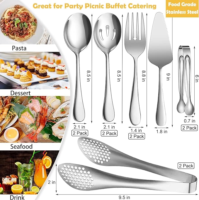 IAXSEE 11 PCS Serving Utensils, Large Stainless Steel Spoons Forks Tongs, Pie Server, Great for Hostess Buffet Catering Banquet Party, Silver