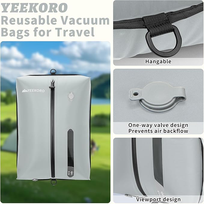 YEEKORO Vacuum Bag for Travel, Professional IPX8 Waterproof Reusable Vacuum Compression Bags for Travel Suitcases, Durable Space Saver Bag(3 PACK,With Pump)
