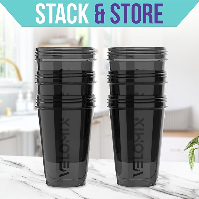 VELOMIX 6 Pack 20oz Protein Shaker Bottle for Protein Mixes, All in Black