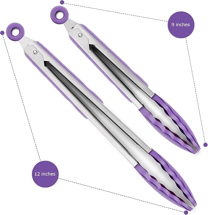 2 Pack Silicone Kitchen Tongs – 9" & 12" Set, Heat Resistant up to 500°F, Non‑Stick Cookware Safe, Wavy Silicone Tips, BPA Free, Locking Clip & Hanging Loop, Purple