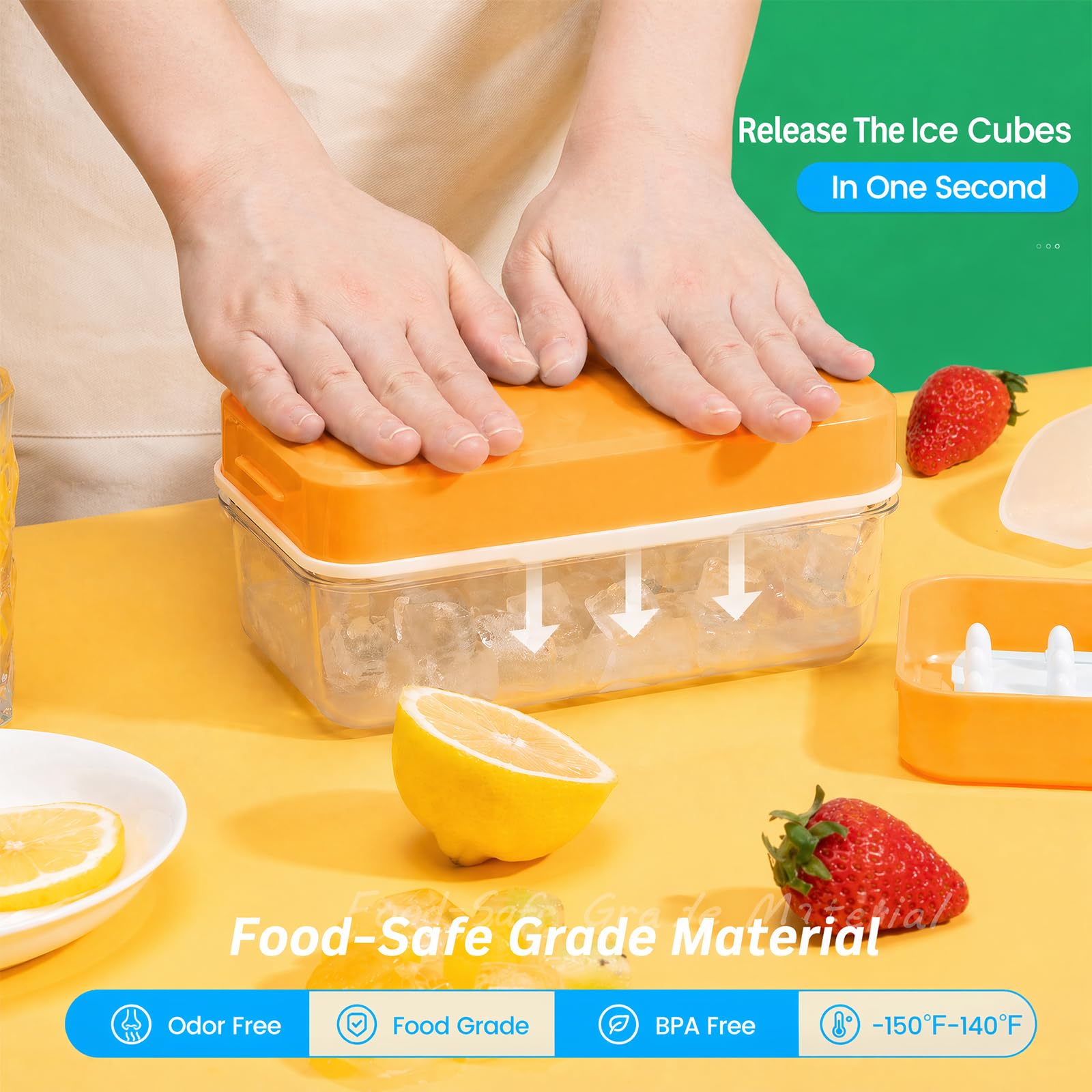 PHINOX Ice Cube Tray with Lid and Bin, Easy Release 56 Cubes for Freezer