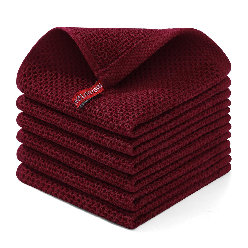 Homaxy 100% Cotton Waffle Weave Kitchen Dish Cloths, Ultra Soft Absorbent Quick Drying Dish Towels, 12 x 12 Inches, 6-Pack, Burgundy