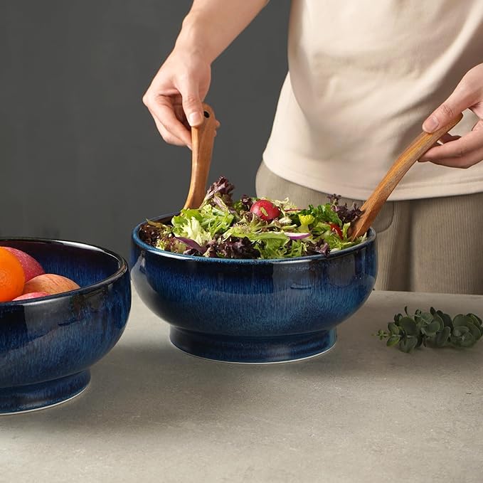 STE-CER Extra Large Salad Bowl,Decorative Fruit Bowl,Kitchen Ceramic Bowl for Fruit & Salad,120 oz Footed Serving Bowl for Entertaining (starry blue)