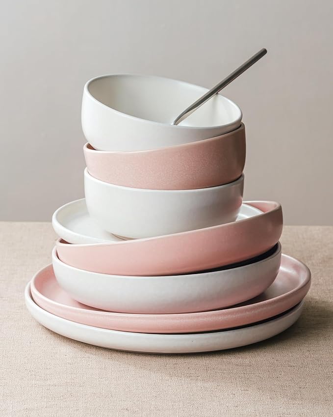 Famiware Milkyway 12-Piece Dinnerware Set, Matte Beige White & Light Pink