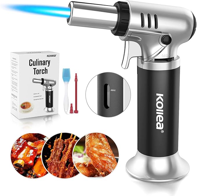 Kollea Culinary Torch, Refillable Butane Kitchen Torch, Lock, Silver-Black