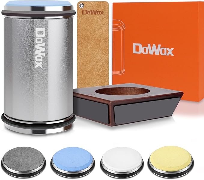 DOWOX Longer Rolling Knife Sharpener with Leather Strop, Upgraded Rolling Knife Sharpening with 4 Degree Angle and 4PCS Replaceable Honing Discs, Easy to Sharpen Ktichen Knives, Silver